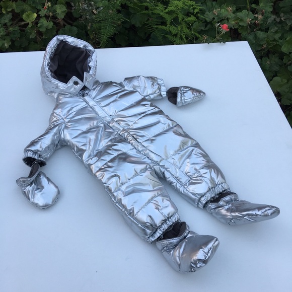 NEW Gymboree Infant Baby Newborn 0-3MTH Bunting Silver 1 Piece Puffer Snow Suit - Picture 2 of 12